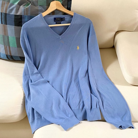 POLO RALPH LAUREN PIMA V-NECK SWEATER LIGHT BLUE SIZE X-LARGE - Picture 3 of 15